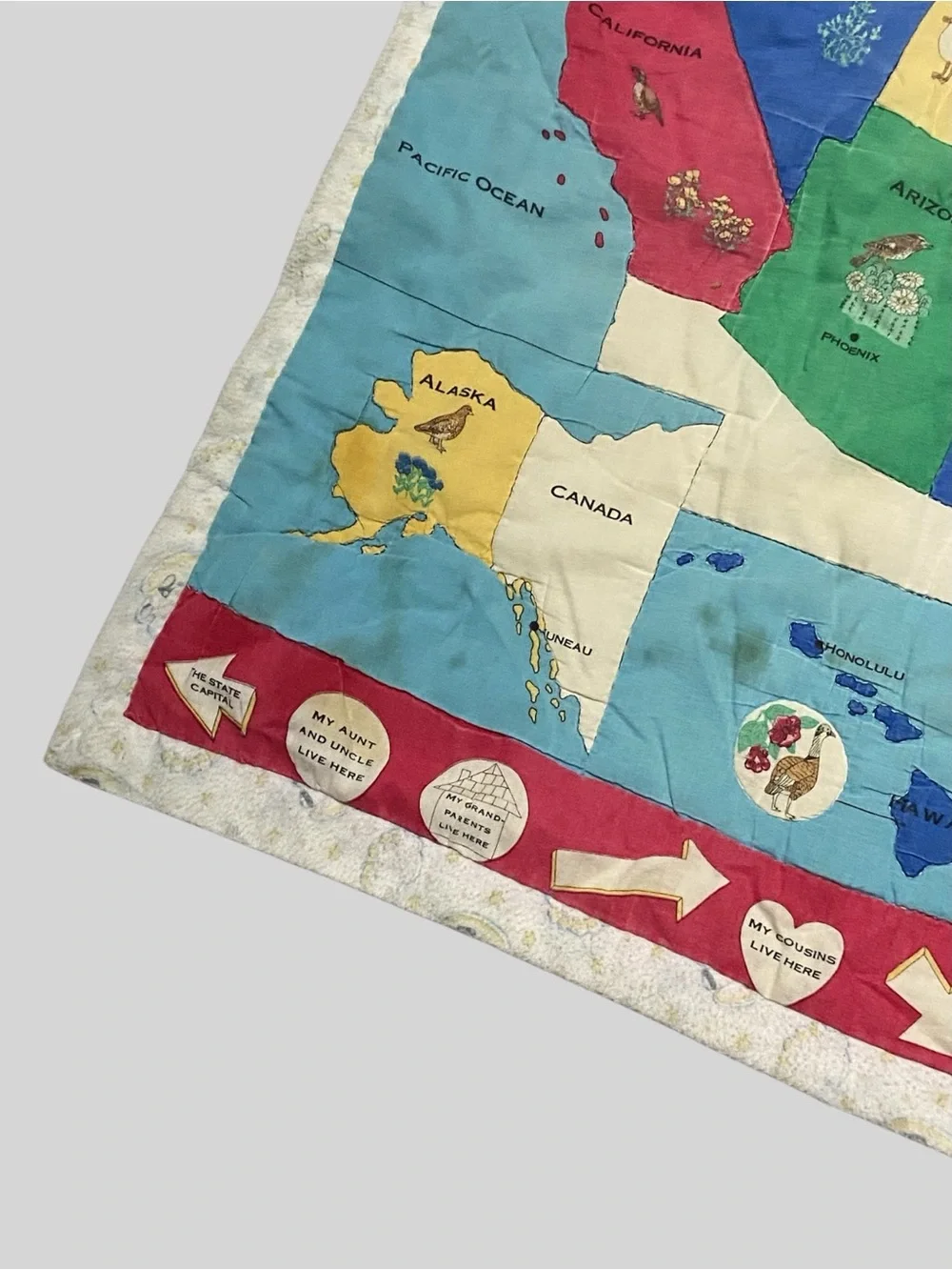 Vintage United States Wall Hanging Quilt Map State Flower/Bird Classroom Decor